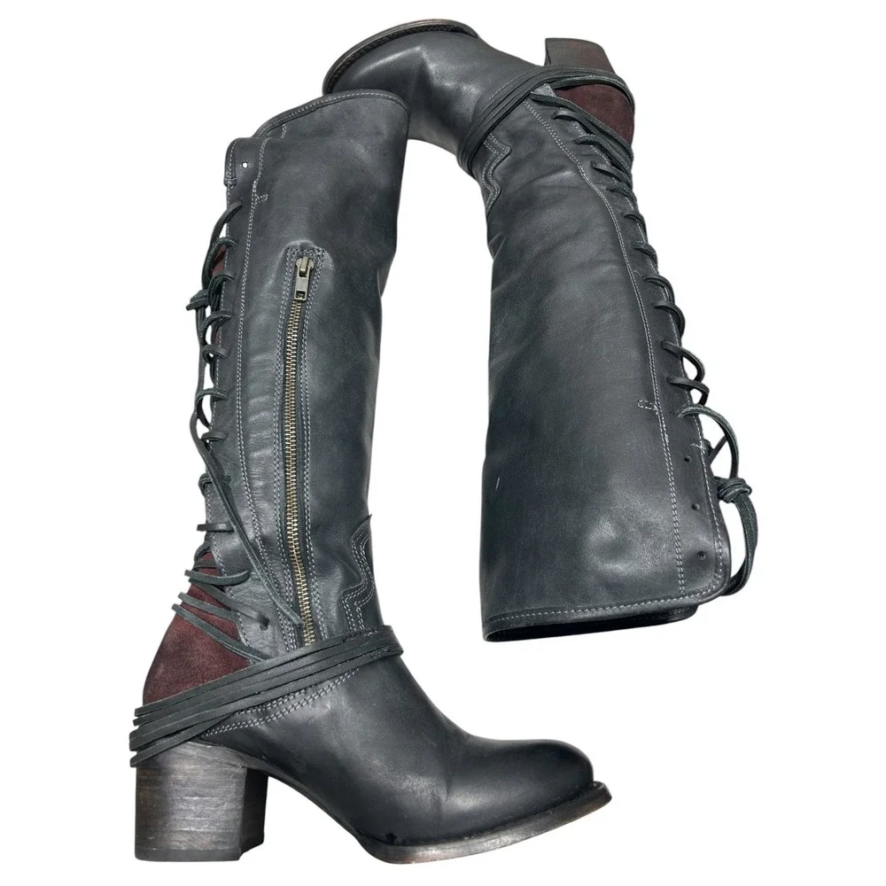 Freebird by Steven Coal Black Leather Over The Knee Lace Up Boots Womens 9